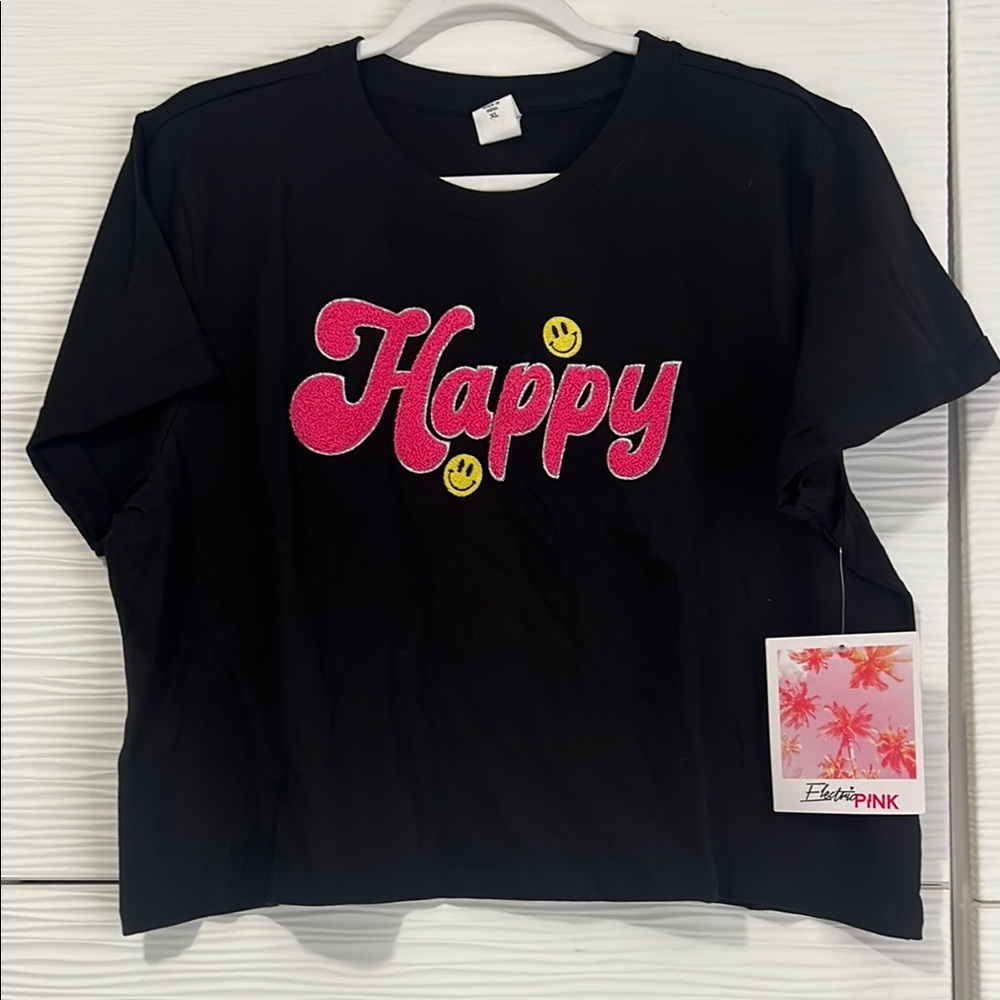 NWT Electric pink Black crop top with Pink 'Happy' Graphic size XL